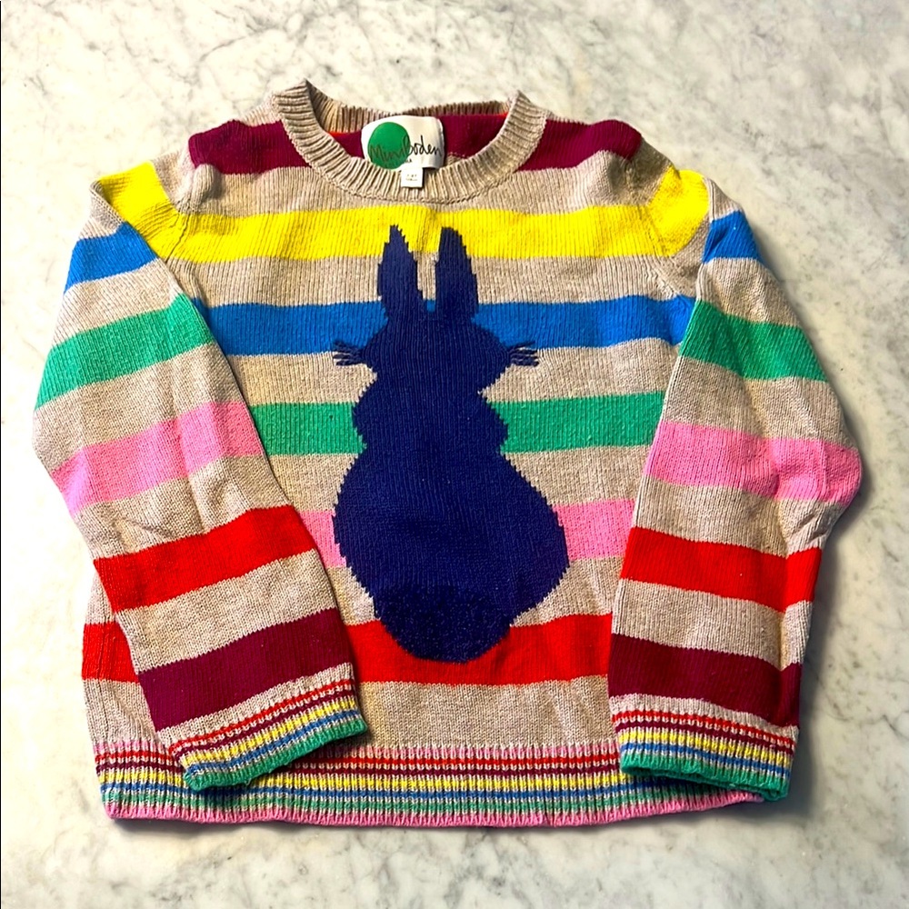 Colorful striped Mini Boden sweater with bunny rabbit design